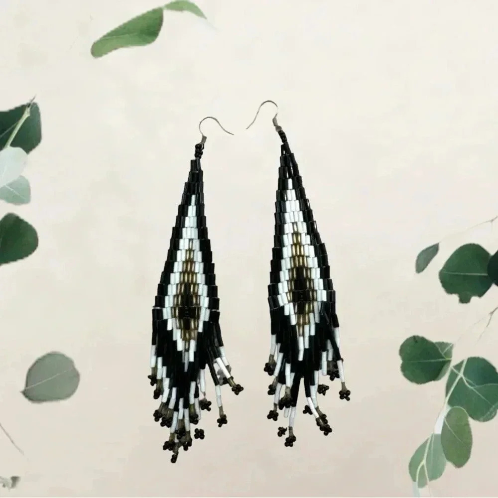 5” Handmade beaded black and white earrings, tribal western festival